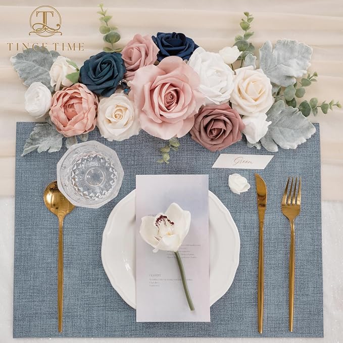 TINGE TIME Artificial Flowers Combo Mix Silk Flowers Pink Roses w/stem for DIY Wedding Bridal Bouquets Baby Shower Floral Arrangement Table Centerpieces Home Decorations (Navy Blue & Dusty Rose)