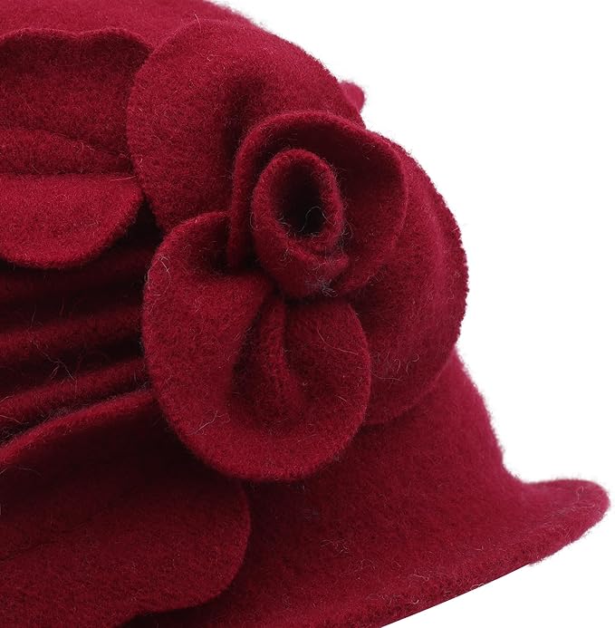 ZLYC Women Wool Cloche Bucket Hat 1920s Vintage Dress Winter Hats with Flower Accent