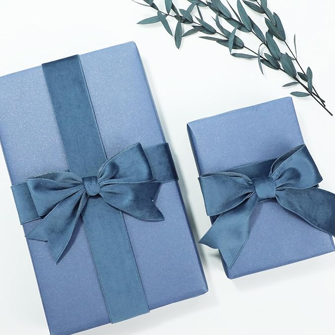Dusty Blue Velvet Ribbon, 1-1/2 inch Wide Handmade Fabric Ribbons for Christmas Decor, Flower Bouquet, Wedding Decoration, Baby Shower, 2 Rolls