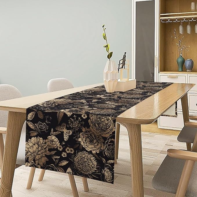 Gold Black Floral Table Runner, Vintage Peony Flower Blossom Butterfly Rustic Plant Leaves Gothic Dark Floral Table Runner for Farmhouse Cottage Kitchen Dining Table Decor, 13x120inch