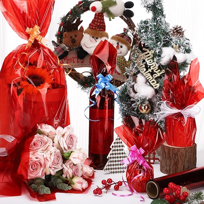 woric Cellophane Wrap 120’ Ft X 17 ”In Red Cellophane Wrap Roll Gift Basket Wrapping Paper for Flower Floral Basket Thanksgiving Christmas Candy Treats Birthday Gifts DIY Crafts
