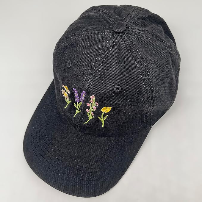 Cute Flower Hat, Elegant Floral Embroidered Adjustable Baseball Cap for Men Women, Gifts for Flower Lovers, Black
