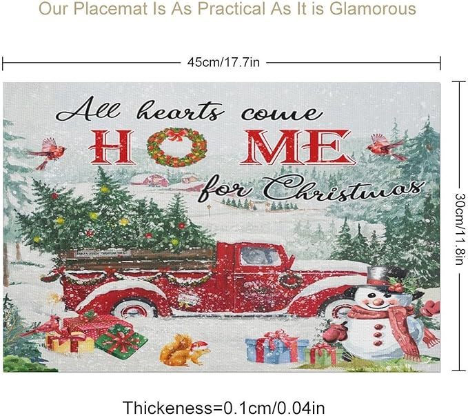 Merry Christmas Placemats Buffalo Plaid Red Truck with Christmas Tree, Winter Snowy Snowflake Snowman Placemats Table Kitchen Dining Party 12x18 Inch Set of 4