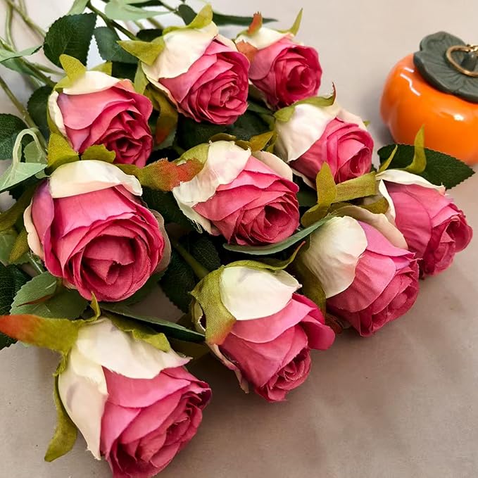 Artificial Roses 10 Pcs - Lifelike Single Stem Fake Roses with Natural Petal Texture,Fade-Resistant Silk Flowers for Wedding Decor,Home Vase Arrangements,Party Centerpieces(10, Magenta)