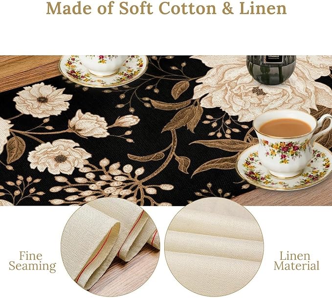 Black Gold Floral Table Runner, Retro Peony Rose Flowers Oriental Style Gothic Garden Print Table Runner for Farmhouse Kitchen Indoor Outdoor Decoration, 13x36inch