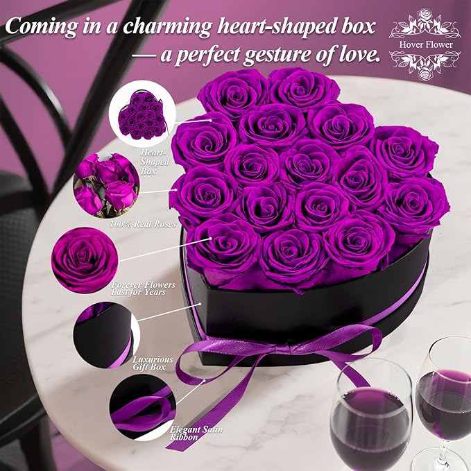 16 Forver Preserved Flowers in a Heart Box, Flowers for Her,Eternal Roses Flowers for Delivery Prime, Flowers Birthday Gifts for Women Mom Grandma Wife - Purple