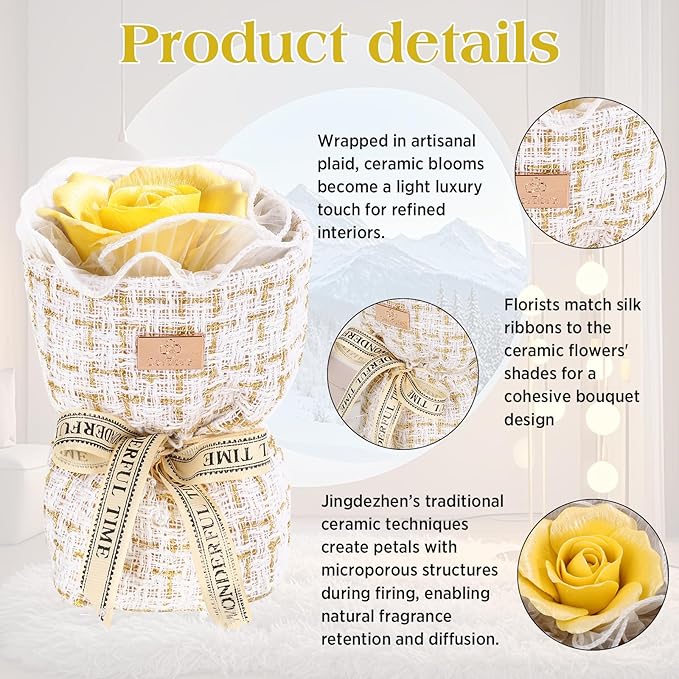 Eternal Love Ceramic Flower Bouquet - Handmade Yellow Ceramic Blossoms with Fragrance, The Perfect Luxury Gift Box for Her Anniversary/Birthday/Mother’s Day/Christmas, Includes Greeting Card