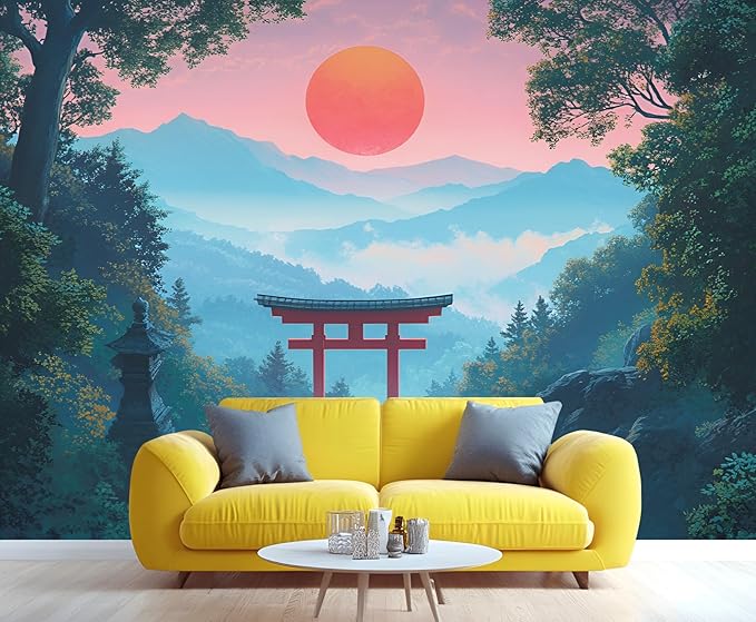 Japanese Torii Gate Wall Mural, Sunrise Mountain Landscape 3D Wall Murals, Zen Nature Art Wallpaper Mural, for Living Room Bedroom Large Wallpaper Indoor Decor 169.3" W x118.2 H