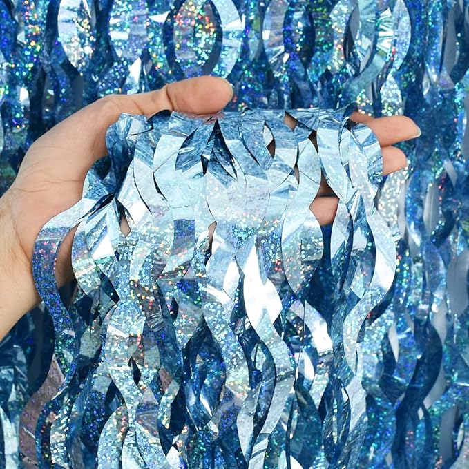 TONIFUL 3Pcs Wavy Metallic Tinsel Foil Fringe Curtains Light Blue Streamer Backdrop for Photo Booth Props,Party Door Wall Curtains,Bachelorette,Underwater World Birthday Party Decor (9.9ft x 6.6ft)