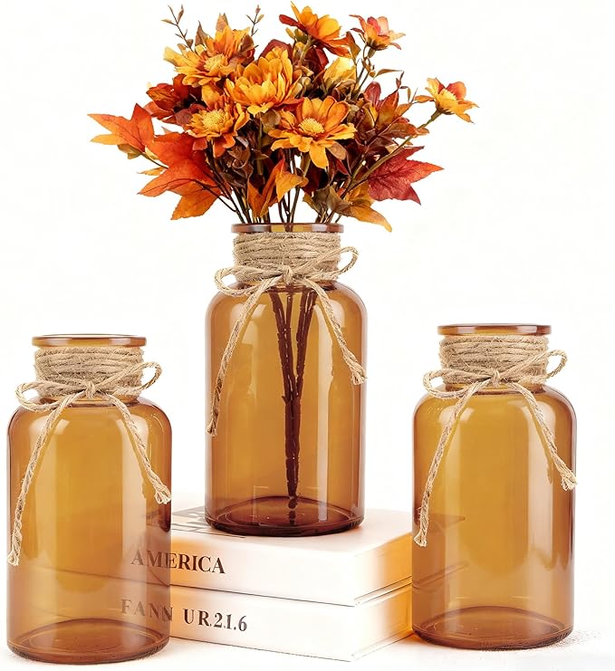 Vintage Glass Flower Vase，3 Pack Farmhouse Amber Glass Centerpiece Vases Mason Jars for Weddings, Parties & Home Decor Bulk (3, Amber)
