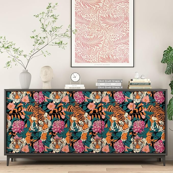 Tiger Stick and Peel Wallpaper Vintage Floral Contact Paper Retro Boho Leaf Wall Paper Removable Renter Friendly Wall Decor for Bathroom Backsplash Drawer Cabinet 17.5 x 393.5In