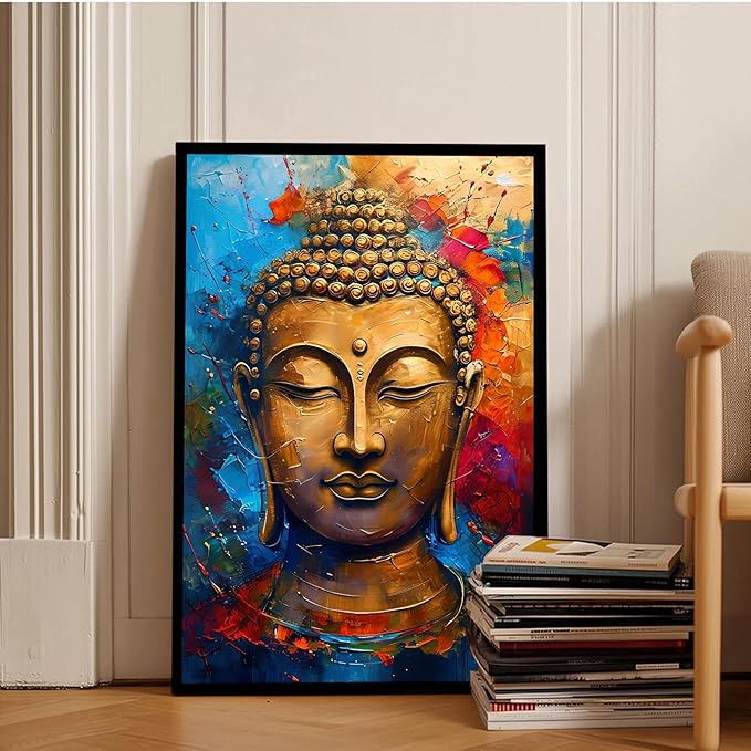 Golden Serenity Buddha Vintage Painting Wall Art Spirituality and Modern Art Wall Decor Adds Brilliance to Vibrant Home Decor 12x18in Metal blackFramed