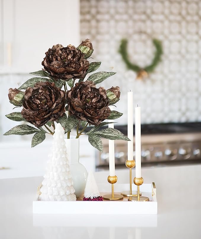 Briful 3PCS Artificial Christmas Peony Flower Stems, 15in Silk Peonies with Bud Fake Peony Floral Arrangement for Xmas Home Vase Party Wedding Bouquet Decor, Coffee Brown