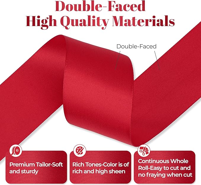 Red Satin Ribbon, Double Faced 2 Inch X 25 Yards Red Ribbon, Premium Satin Ribbon for Gift Wrapping, Crafts, Hair Bow Making, Sewing, Flower Bouquet, Wedding Party Decor