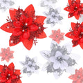 Geosar 24 Christmas Glitter Artificial Poinsettia Flowers Xmas Poinsettia Wedding Flowers Decorations Xmas Tree Ornaments with Clips for Party Favors, 6 Inch, 4 Inch, 3 Inch(Red and Sliver)