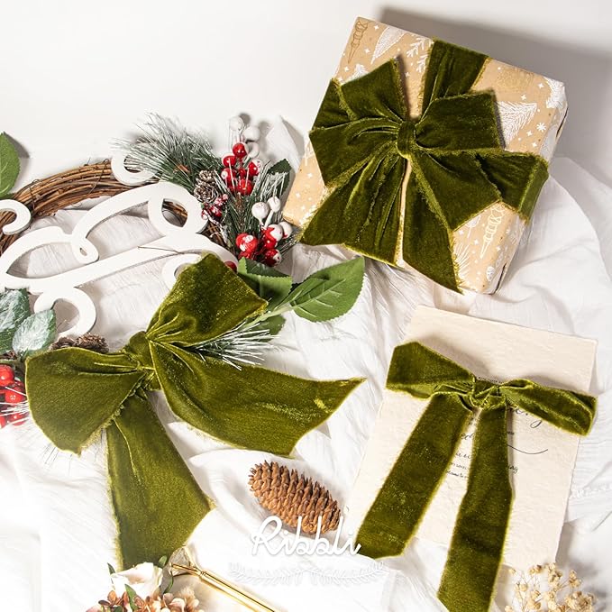 Ribbli Moss Green Velvet Ribbon 2 Inch Handmade Frayed Vintage Christmas Ribbon for Gift Wrapping Christmas Tree Ornament Wreath Craft Home Decor -3 Yards