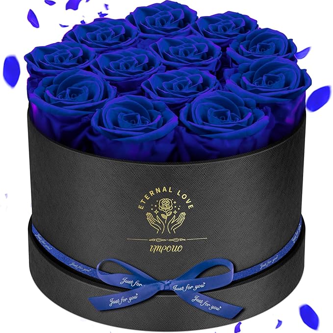 Forever Flowers,12 Roses in A Box，Real Preserved Roses，Birthday Gift for Women,Mother's Day, Anniversary - Blue Rose