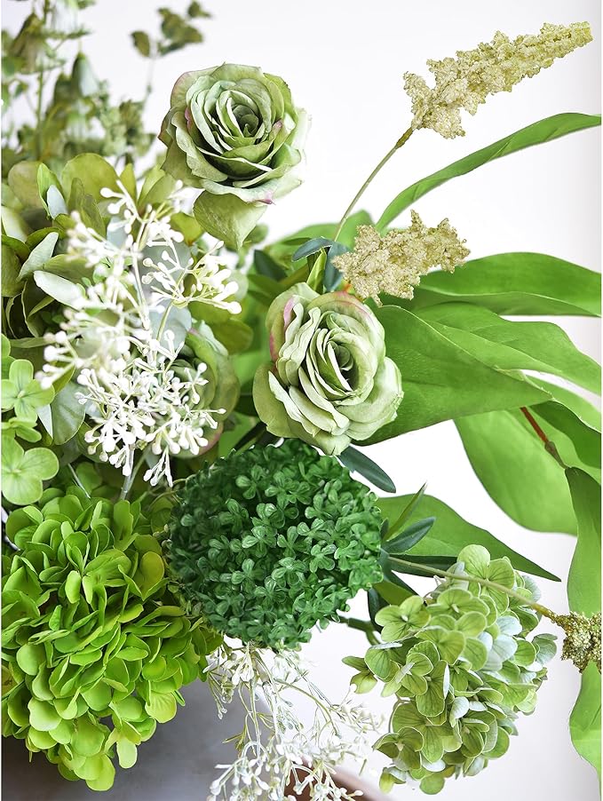 FiveSeasonStuff Elegant Green Artificial Bouquet – Hydrangea, Roses, Camellia, Baby's Breath & More for Home Décor, Weddings, Centerpieces, and Events