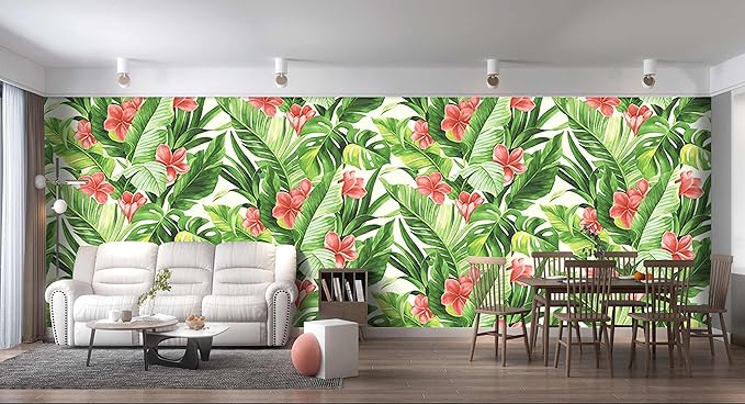 Banana Leaf Wallpaper Pink Floral Plant Girls Bedroom Botanical Flowers murals Aesthetic Room Decor Living Room tv Background Large Wall Mural - 320"x108" Not Peel and Stick