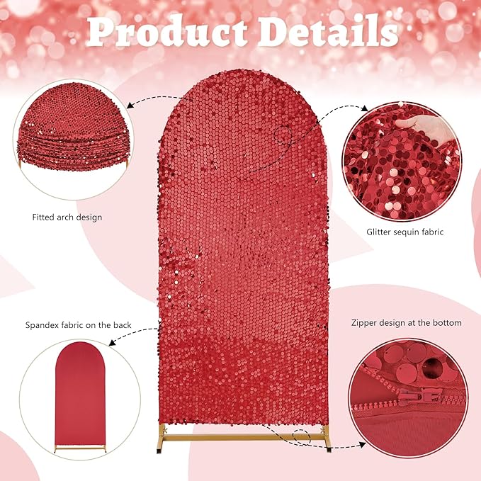 7.2FT Red Arch Cover Sequin: Wedding Arch Shimmer Backdrop Covers Sparkle Arched Stand Covers Glitter Backdrop Spandex Covers for Prom Party Decorations