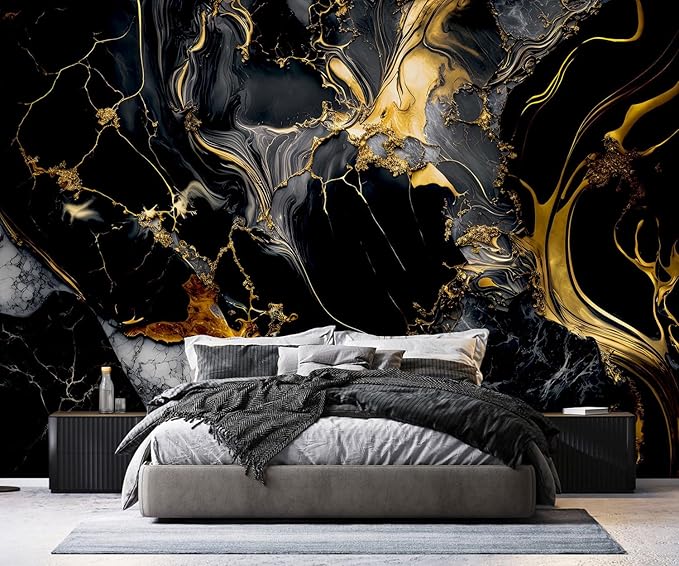 PYFFYP- Abstract Black and Gold Marble Wallpaper murals for Bathroom(Not Peel and Stick)