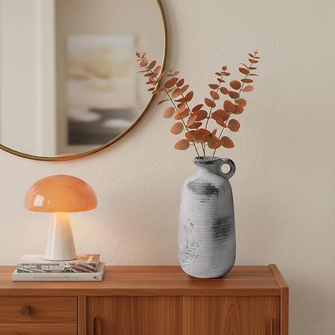 Sunddo Rustic Farmhouse Vase with Handle, Ceramic Vase,10 inch Tall Minimalist Decorative Vases for Home Decor, Table Living Room Bookshelf Entryway Kitchen Bedroom Decor, Grey