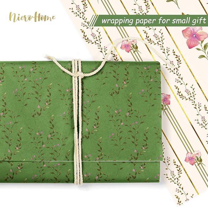 NICROHOME EUR 24 Sheets Floral Tissue Paper, Sage Green and Pink Small Tissue Wrapping Paper for Gift Bags, Birthday, Wedding, Flower Bouquet, Bridal Shower, Christmas Gift Tissue Paper 15x20Inch