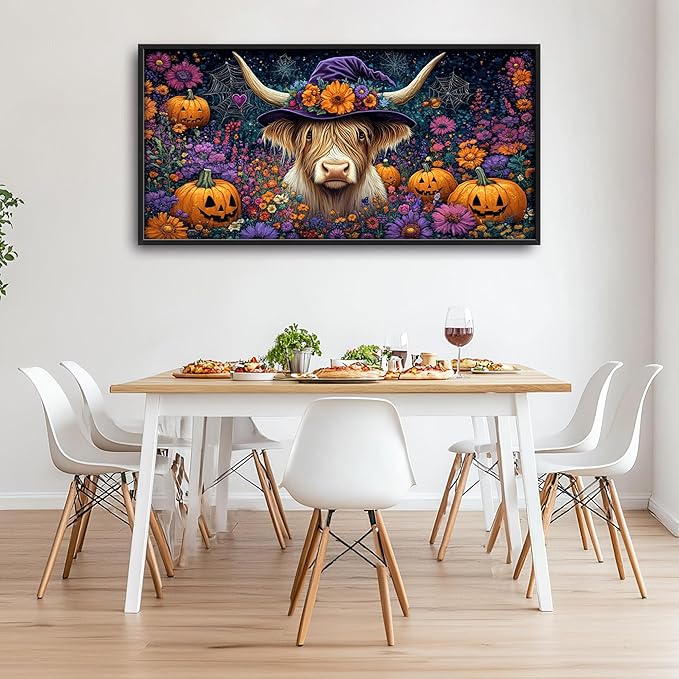 Highland Cow with Halloween Large Decor Wall Art Framed Pictures for Living Room, Pumpkins Oversized Canvas Print Painting Modern Extra Large Framed Artwork for Bedroom Office Home Decor 60"x30"