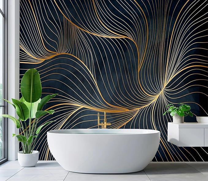 Eierme-Golden Abstract line Pattern Waves Mural Wallpaper Peel and Stick 160" x 114"
