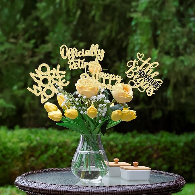 Ephlyn 16Pcs Happy Retirement Centerpiece Sticks Officially Retired Table Flower Centerpieces Sticks No Work Zone Floral Decorations for Farewell Birthday Party Centerpieces Supplies Gold