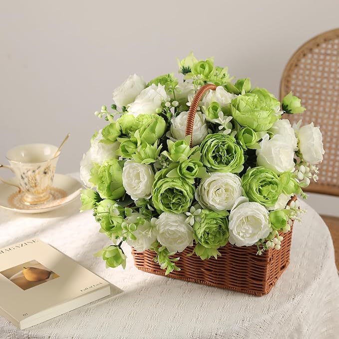 Floweroyal 2 Bunches Peony Artificial Flowers Green Flowers Silk Peonies Bouquets for Wedding Party Table Centerpieces Floral Arrangement Home Kitchen Decor