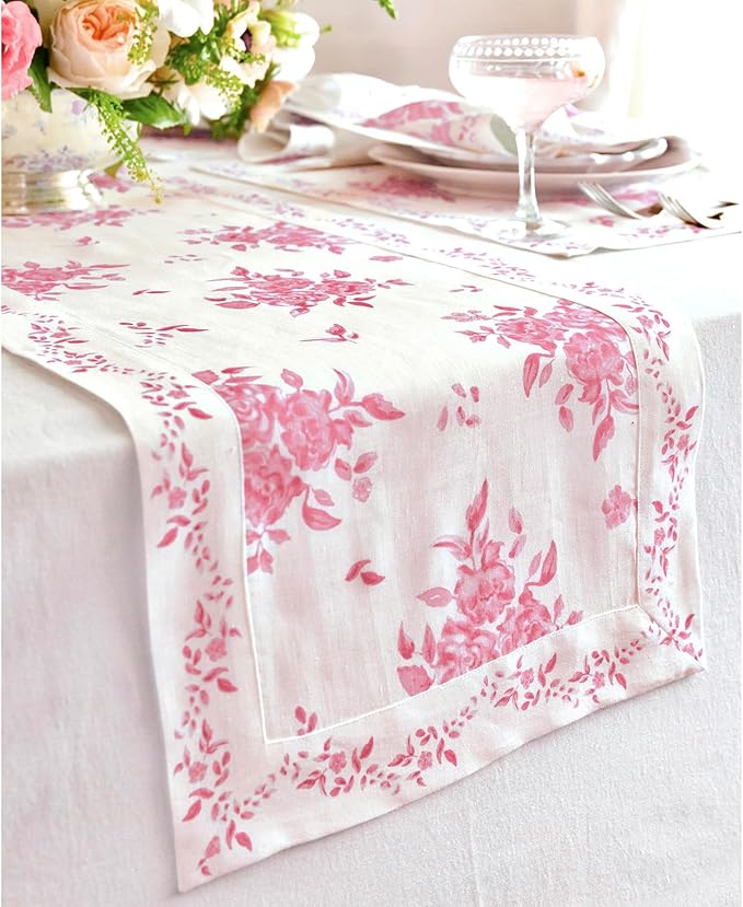 Solino Home Pink Floral Print Table Runner 60 inch - 100% Pure Linen Table Runner 14 x 60 Inch - Handcrafted and Machine Washable - Jolie Fleur Print