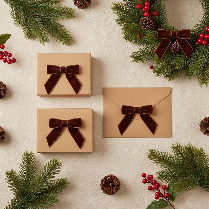 30 Pcs Velvet Ribbon Bows 3.5" x 3.5" Pre Tied Christmas Velvet Bows with Twist Tie for Gift Packaging Christmas Tree Wreaths Door Windows Wedding Party Decoration(Brown)