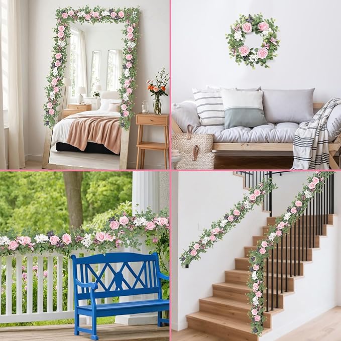 4PCS 5.9Ft Artificial Flower Garland Fake Rose Hydrangea Vines with Butterflies Hanging Floral Flowers Greenery Eucalyptus Garland for Wedding Home Party Room Table Backdrop Decor (Pink, 4PCS)