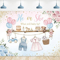 Riyidecor Gender Reveal Backdrop Polyester Fabric He or She Pink Blue Baby Shower Watercolor Flower Balloon Floral 8Wx6H Feet What Will Baby Be Photography Background Newborn Photo Studio Shoot