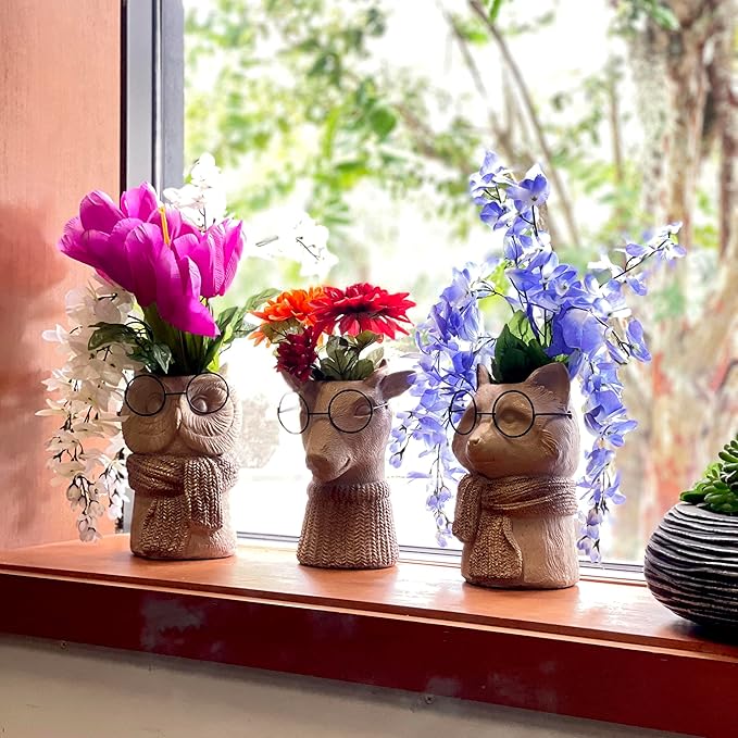 Bespectacled Owl Cement Vase 8.25 Inch – Whimsical Animal Planter with Real Glasses, Knit Textured Scarf, and Gold Metallic Accents, Distressed Taupe Finish, Unique Indoor Decor Gift