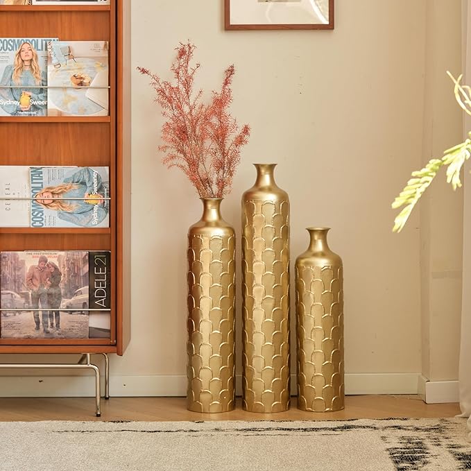 Floor Vases, Tall Home Decor Metal Vase Set of 3 Large Glazed Decorative Vases for Wedding Decor, Elegant Modern Flower Holder for Living Room, Entryway, Hallway, Dining Room