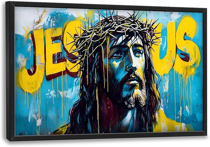 Banksy Jesus Large Wall Art Graffiti Framed Wall Decor for Living Room Pop Street Pictures Oversized Canvas Print Painting Modern Extra Large Framed Artwork for Bedroom Office 36"x24"