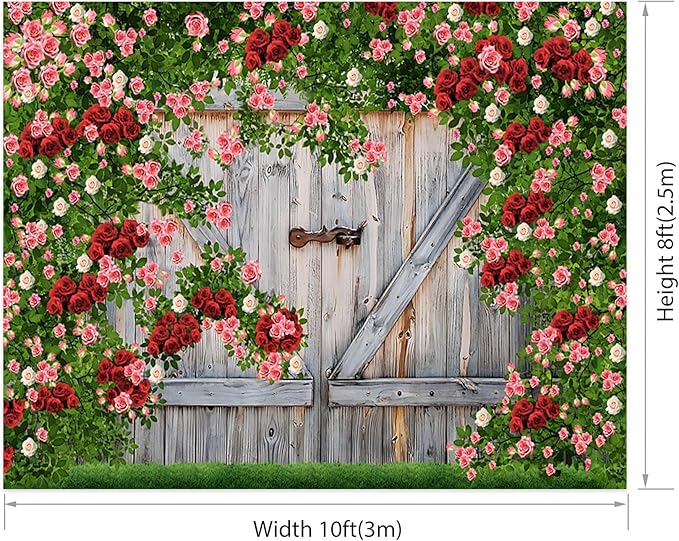 AOFOTO Barn Door Rose Backdrop Rustic Red Pink Beige Flowers Background Romantic Phtography Banner for Anniversary Wedding Decor Photo Studio Photobooth Props 10x8ft