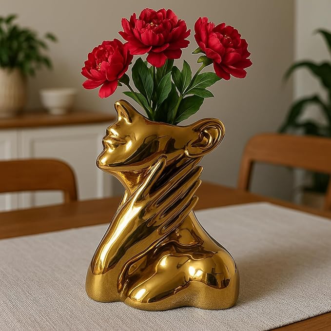 Face Vase Unique Ceramic Vase for Room,Office,Home Decor,Gold,B