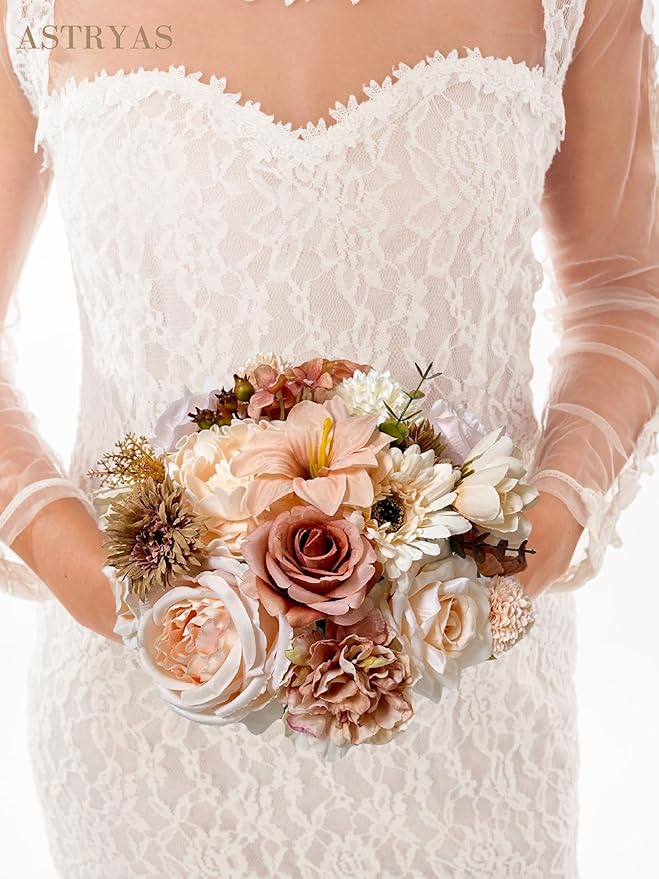 ASTRYAS Roses Artificial Flowers Nude Combo Set, Fall Fake Peonies Flower for DIY Wedding Bouquet Bridal Baby Shower Decorations Party Table Centerpieces Cake Silk Floral Arrangement Home Decor, Beige