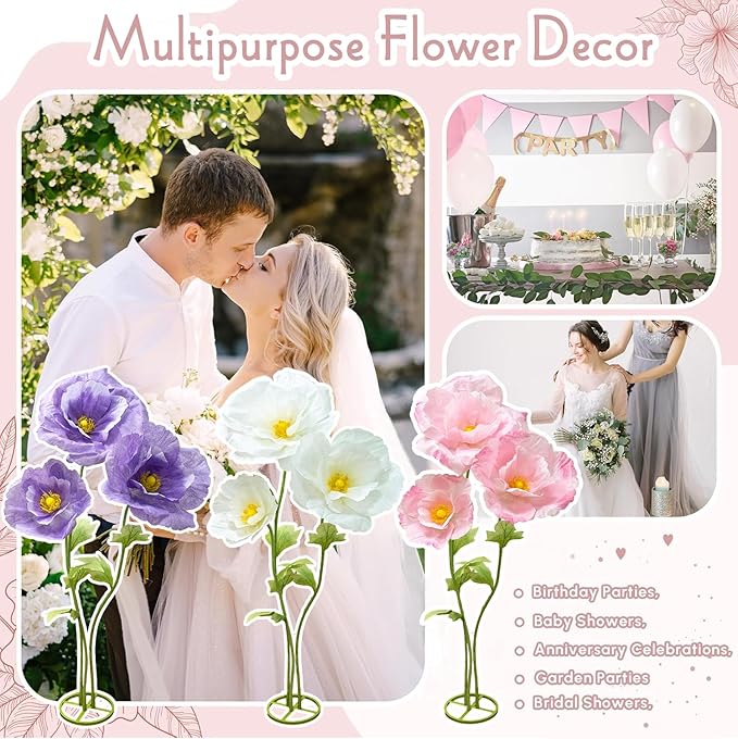 3Pcs Large Paper Fake Flower Decorations, Giant Artificial Flower Decoration with Standing Base, Big Fake Flower Bouquet 6.1Ft for Wedding Birthday Party Decor Ideal for Home and Event Decor(Pink)