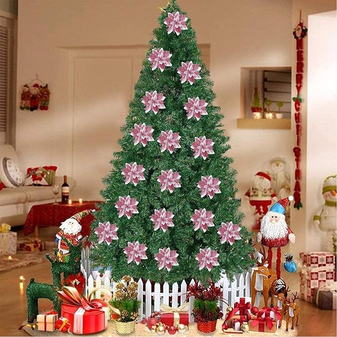 Zhuqing 15Pcs Christmas Poinsettia Artificial Flowers Decorations, Glitter Poinsettia Christmas Tree Ornaments, Pink Tree Flowers for Xmas/Wedding/Holiday/Wreath/Garland Decor, with Cilps, 5.5 Inch