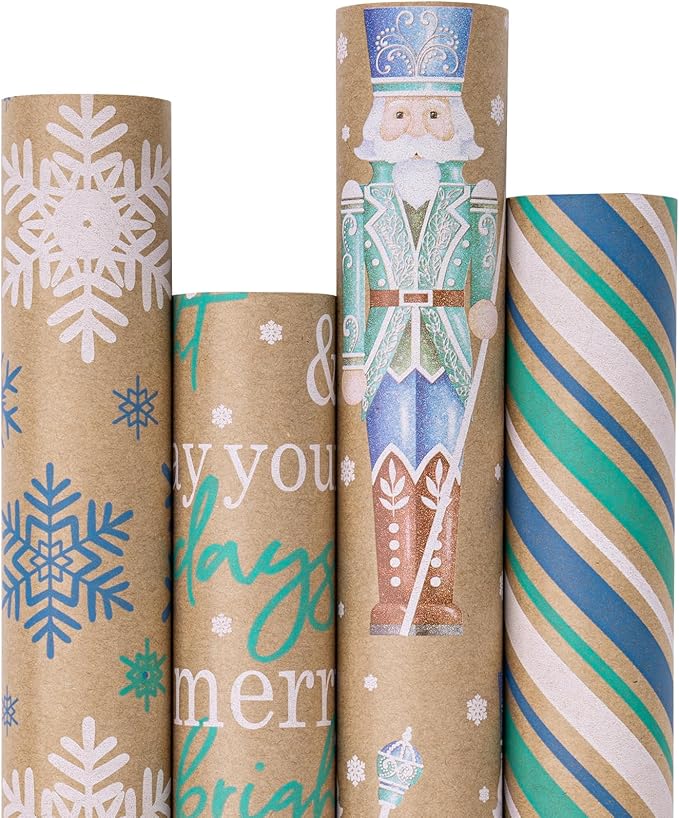 RUSPEPA Christmas Kraft Wrapping Paper - Nutcracker Soldier, Snowflake, Stripe and Text Design - 4 Rolls - 30 inches x 10 feet per Roll