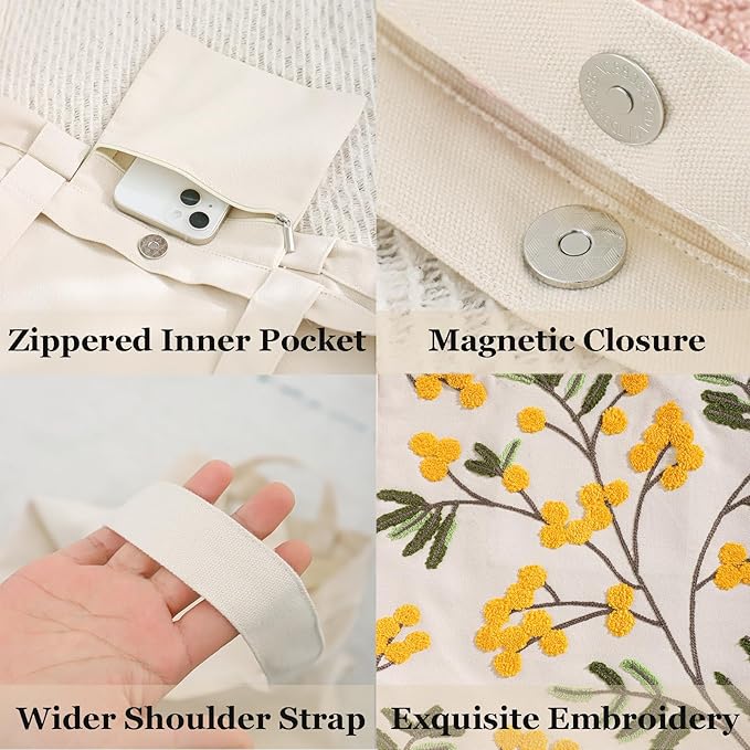 Aesthetic Embroidery Tote Bag for Lady Cute Reusable Canvas Shoulder Bag for Girls Women Shopping Grocery