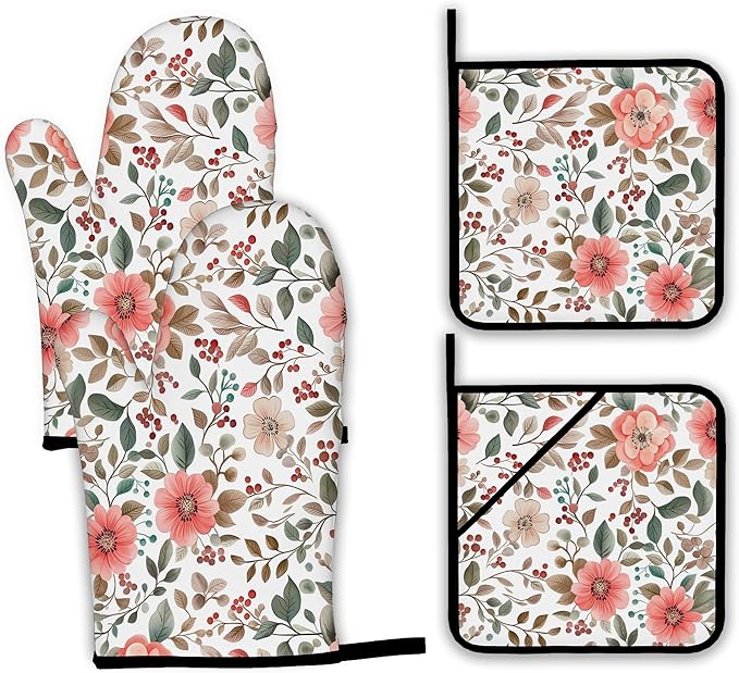 Pink Poppy Floral Oven Mitts and Pot Holders Set,Berry Kitchen Decor Heat Resistant Non Slip Hot Pads and Oven Mitt for Chef Cooking Baking BBQ Mom Girl Gifts(4 Piece Set)