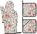 Pink Poppy Floral Oven Mitts and Pot Holders Set,Berry Kitchen Decor Heat Resistant Non Slip Hot Pads and Oven Mitt for Chef Cooking Baking BBQ Mom Girl Gifts(4 Piece Set)
