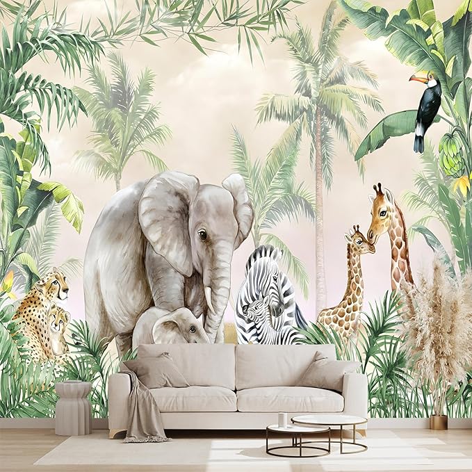Tropical Animal Plants Peel and Stick wallpeper Nursery Kids Bedroom Elephant Wall murals for Bedroom Living Room - 96"x137"