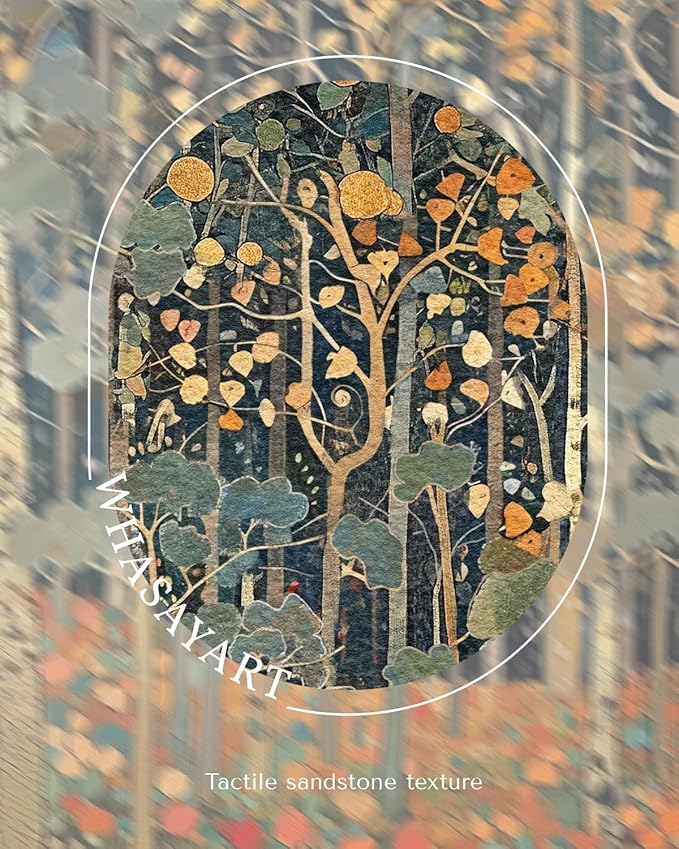 Vintage 3D Textured Framed Autumn Forest Wall Art 16x16 Botanical Tree Decorative Painting, Sandstone Surface Landscape Artwork Black Frame Gold Dot, Home Room Bedroom Office Decor