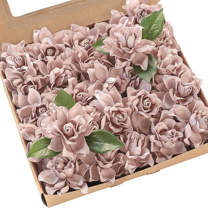 Floroom Artificial Gardenia Flowers 2.7" 25pcs Real Looking Dusty Rose Foam Fake Flowers with Stems for DIY Wedding Bouquets Bridal Shower Centerpieces Floral Arrangements Party Tables Decorations